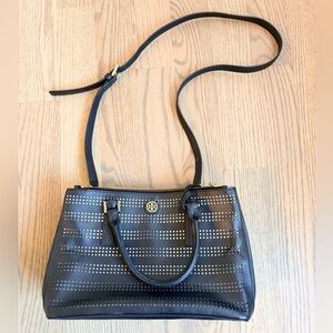 Tory Burch Robinson Perforated Double Zipper Purse Crossbody Strap Black